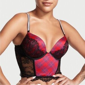 New 32C Victoria's Secret VERY SEXY Bombshell Push-Up Corset Red Plaid Lace